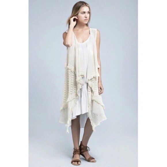 Anthropologie Moon River Womens Large Cream Crochet Fringe Vest Cardigan - Picture 1 of 16
